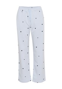 Pantaloni azzurri chiari realizzati in tessuto morbido, con una vestibilità comoda, vita elastica con cordoncino e motivo a cuori neri sparsi.
