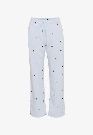 Pantalons bleu clair en tissu doux, avec une coupe décontractée, une taille élastique avec cordon de serrage et un motif de cœurs noirs dispersés.