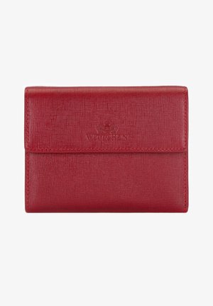 Red textured leather wallet with a flap closure, featuring a debossed logo on the front and clean stitching along the edges.