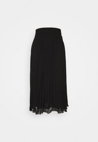 Zwarte plissémidirok met elastische tailleband en een doorschijnende zoom op een witte achtergrond.