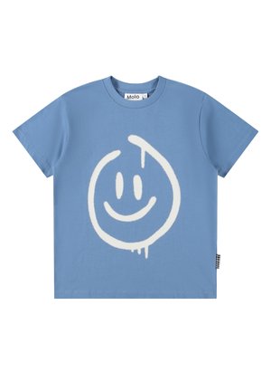 Blaues T-Shirt mit kurzen Ärmeln und einer weißen, handgezeichneten, lächelnden Gesichtsgrafik mittig vorne.