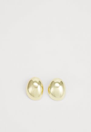 Arany árnyalatú fém fülbevalók sima, kerek formával és fényes felülettel. Egyszerű dizájn, további díszítések nélkül.