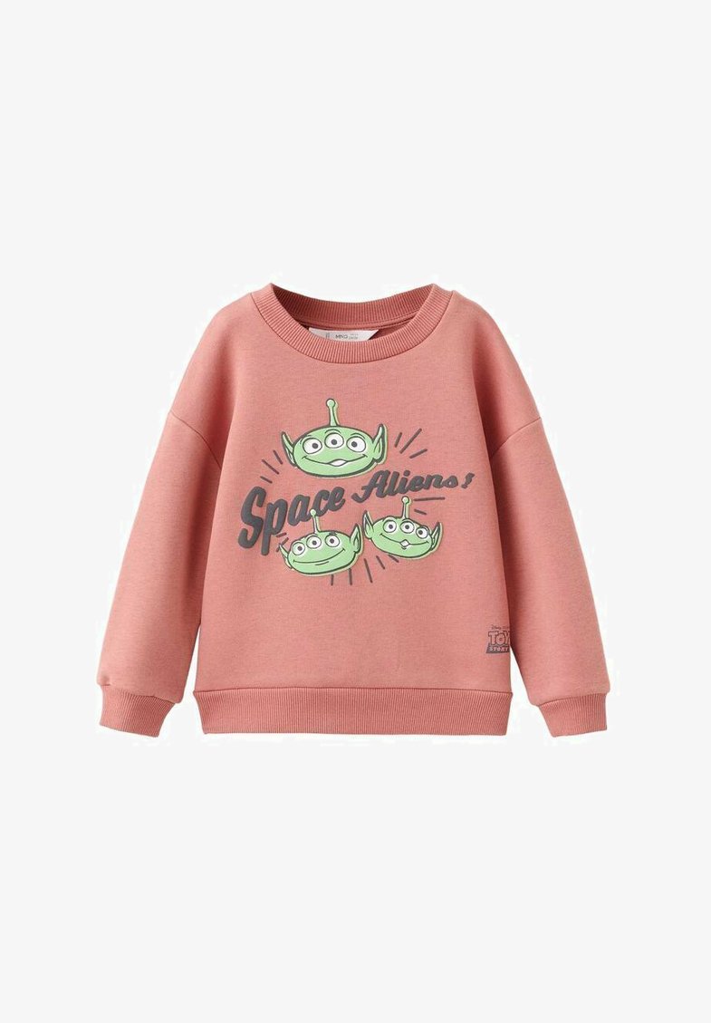 Roza jopa z okroglim izrezom in dolgimi rokavi. Na njej je grafika treh zelenih vesoljcev z besedilom "Space Aliens!" v sivi barvi.