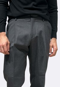 Pantaloni grigi in misto lana con pieghe, tasche laterali e chiusura a bottone in vita. Texture liscia con una sottile lucentezza.