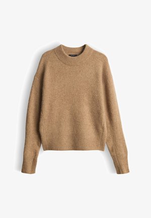 Camel-colored, chunky knit sweater with a rounded neckline, ribbed cuffs, and hem, featuring a relaxed fit and soft texture.