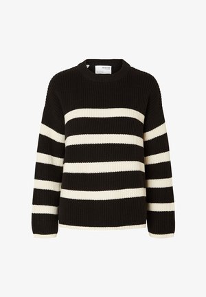 Maglione a righe bianche e nere realizzato in maglia ribattuta, con scollatura rotonda e maniche lunghe con ampie righe a contrasto.