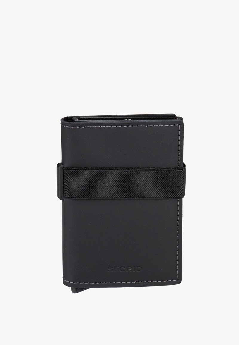 Portefeuille en cuir noir avec coutures grises et une large bande élastique autour du milieu, embossée du mot "SECRID" sur le devant.
