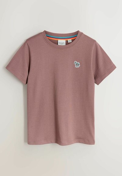 Kurzärmeliges T-Shirt aus mauvefarbenem Baumwollstoff mit rundem Ausschnitt. Mit einem kleinen, mehrfarbig gestickten Motiv auf der linken Brust.