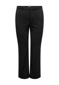 Svarta byxor av glatt tyg med rak bendesign, som har bälteshällor i midjan och detaljer med veck fram.