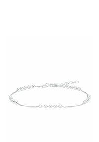 Bracciale in argento con perle lisce alternate e delicate maglie di catena, dotato di chiusura a molla e lunghezza regolabile per una vestibilità perfetta.