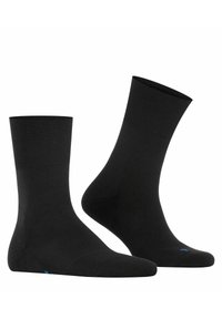 Black cotton crew socks with a ribbed upper, smooth texture, and a blue accent at the toe. Standard shape, suitable for everyday wear.