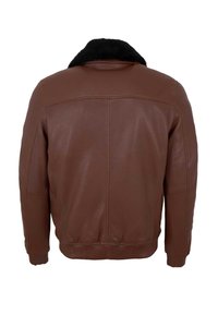 Braune Lederjacke mit schwarzem Pelzkragen, geripptem Bund und langen Ärmeln, von hinten vor einem weißen Hintergrund gezeigt.