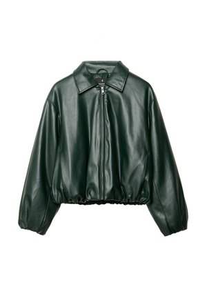 Veste cropped en faux cuir vert avec un col, fermeture éclair, manches ballon et ourlet élastiqué pour un look ajusté.