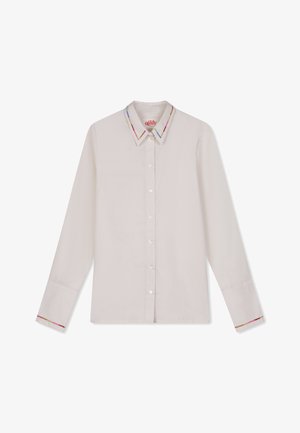 Lange mouwen shirt van lichtbeige katoen met een kleurrijke geborduurde kraag en manchetten. Voorzien van een knoopsluiting aan de voorkant en een standaard pasvorm.