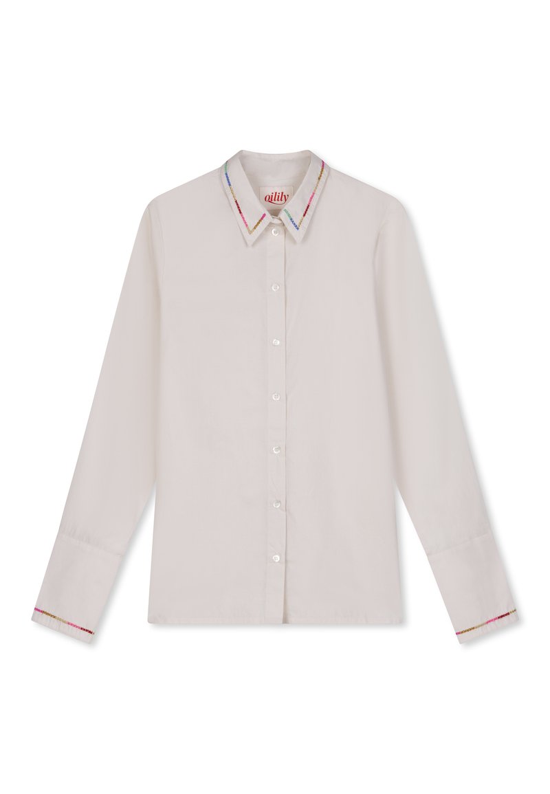 Lange mouwen shirt van lichtbeige katoen met een kleurrijke geborduurde kraag en manchetten. Voorzien van een knoopsluiting aan de voorkant en een standaard pasvorm.