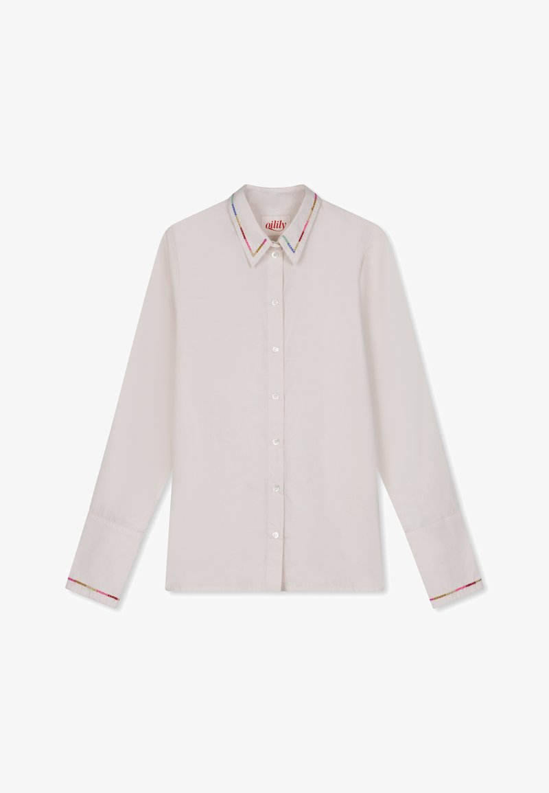 Lange mouwen shirt van lichtbeige katoen met een kleurrijke geborduurde kraag en manchetten. Voorzien van een knoopsluiting aan de voorkant en een standaard pasvorm.