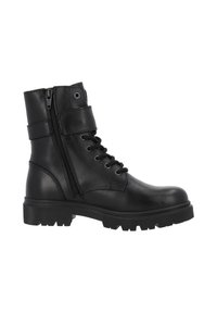 Bottine noire en cuir avec un design à lacets à l'avant, fermeture éclair sur le côté, bande amovible et semelle en caoutchouc épaisse et texturée.