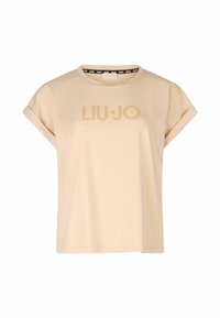 T-shirt beige a maniche corte con scollatura rotonda. Presenta un logo in rilievo "LIU.JO" in una tonalità più chiara, realizzato in morbido cotone.