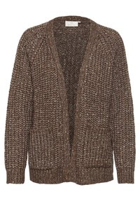 Cardigan en maille épaisse marron avec ouverture sur le devant, deux poches avant et poignets et ourlet côtelés.