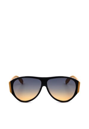 Occhiali da sole aviator neri con lenti sfumate dal blu all’ambra e terminali marroni delle aste.