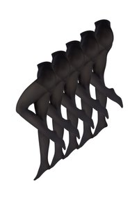 Sorte tights vist i en række, med en glat tekstur, uigennemsigtig overflade og ensartet form. Hver ben er placeret i en let vinkel.