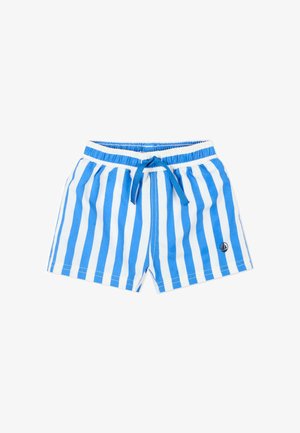 Bañador corto a rayas verticales azul y blancas con cintura elástica, cordón azul y pequeño logo de velero en la pierna izquierda.