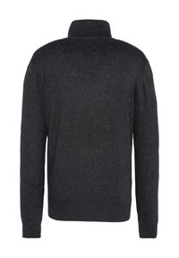 Pullover grigio scuro con colletto alto, maniche lunghe, polsini e orlo a costine, realizzato in tessuto a maglia testurizzato.