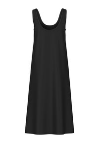 Schwarzes ärmelloses Kleid mit rundem Ausschnitt, aus glattem Stoff. Midi-Länge mit lockerem Sitz und minimalen Nähten. Keine Muster oder Akzente.