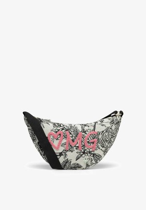 Crossbody bag with black and white tropical print, pink heart and "MG" lettering, and wide black adjustable strap.