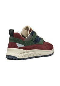 Sneaker in suede nei colori bordeaux, verde e blu navy; presentano una parte superiore testurizzata, colletto imbottito e una suola bianca maculata con battistrada nero.