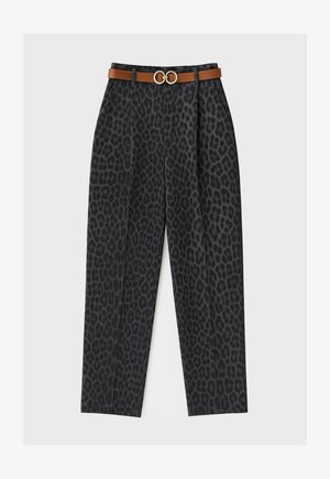 High-waisted tapered black pants with dark gray leopard print and a brown belt with gold double-ring buckle.
