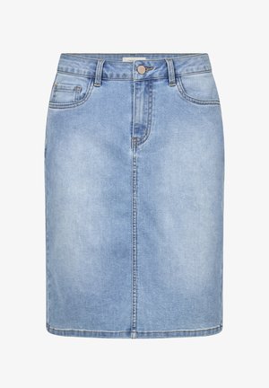 Gonna di jeans di un azzurro chiaro con un taglio dritto. Presenta passanti per cintura, chiusura con bottone frontale e due tasche frontali. Texture liscia.