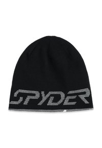 Schwarze Strickmütze mit einem großen, kontrastierenden weißen "SPYDER"-Logo. Das Material wirkt weich, hat eine glatte Textur und einen engen Sitz.