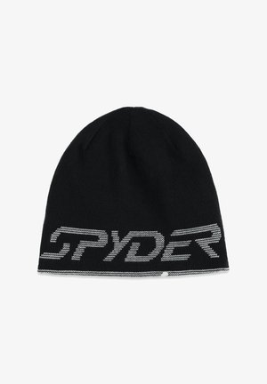 Berretto lavorato a maglia nero con un grande logo "SPYDER" bianco a contrasto. Il materiale sembra morbido al tatto, con una superficie liscia e una vestibilità aderente.