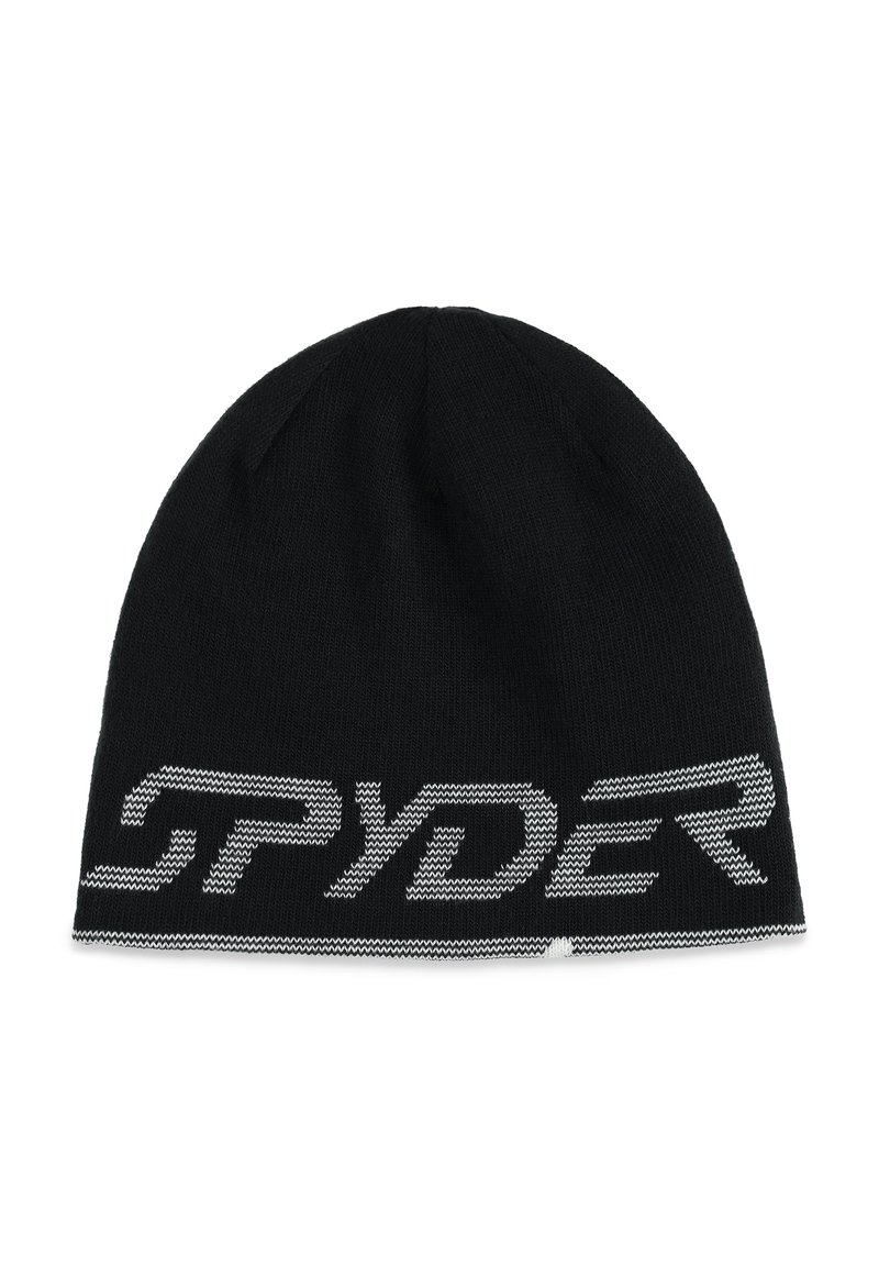 Schwarze Strickmütze mit einem großen, kontrastierenden weißen "SPYDER"-Logo. Das Material wirkt weich, hat eine glatte Textur und einen engen Sitz.