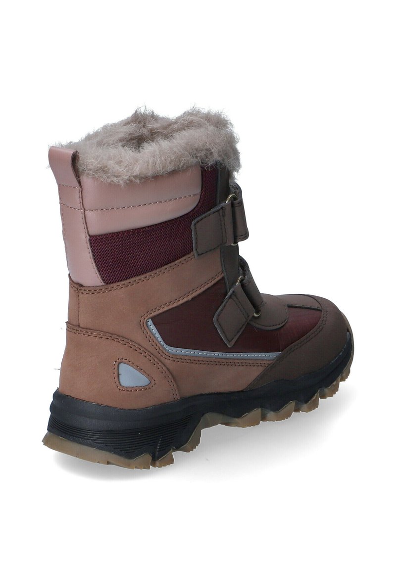 Braune und bordeauxfarbene wasserdichte Stiefel mit einem Kunstfellkragen, zwei Riemen und einer strukturierten Gummisohle für besseren Halt. Verstärkter Absatz und Seiten.