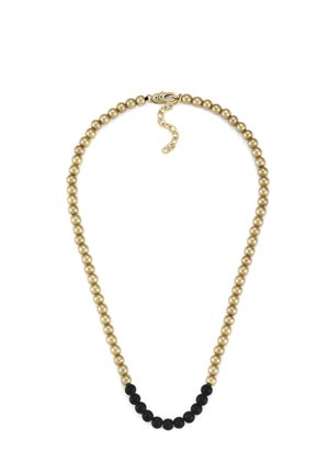 Kultaketju ja musta helminauha, jossa on pyöreät helmet vuorotellen eri väreissä, mukana lukko ja säädettävä ketju. Sileä pinta koko ajan.