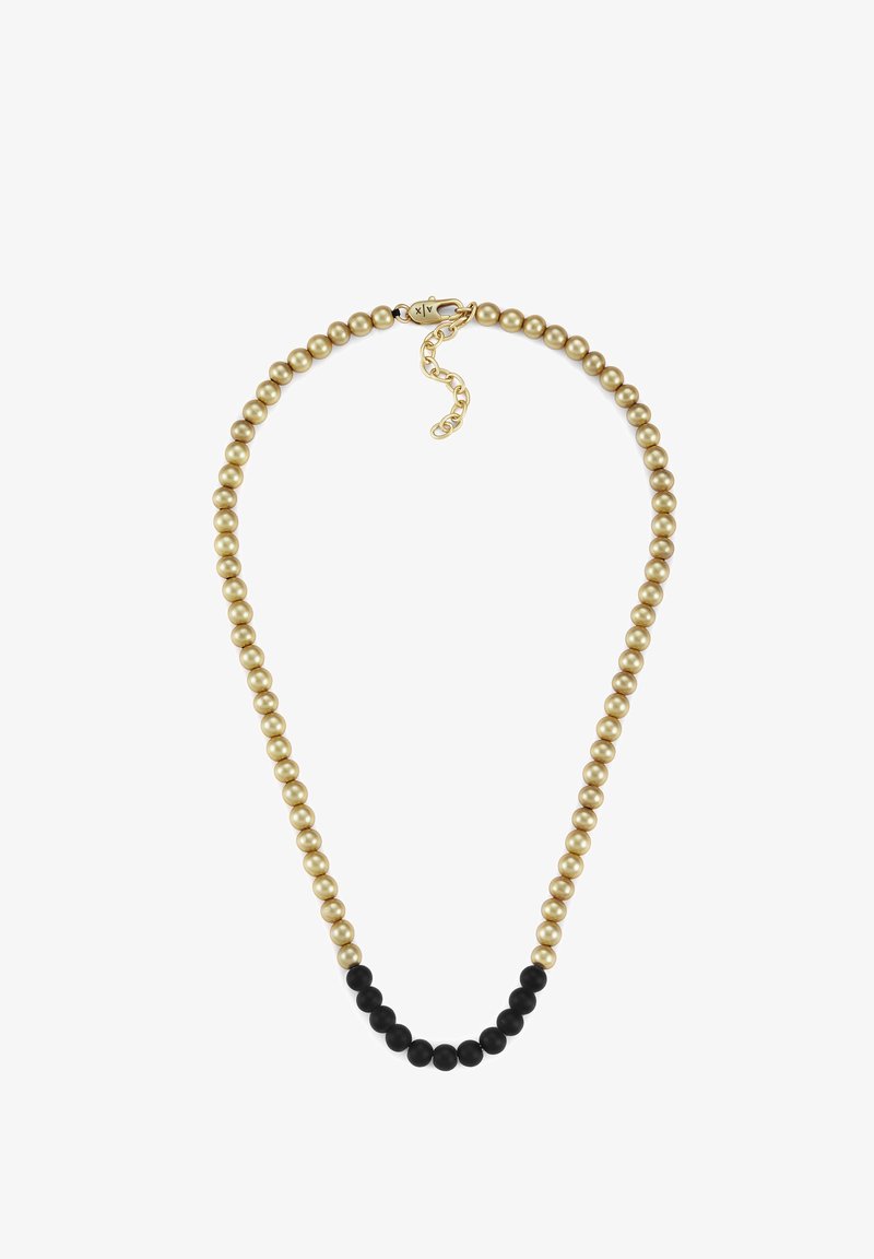 Gold- und schwarze Perlenkette mit runden Perlen in wechselnden Farben, mit einem Verschluss und einer verstellbaren Kette. Glatte Oberfläche.