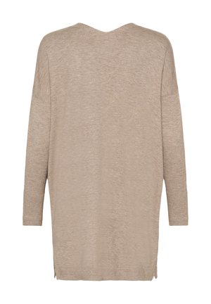 Beige oversized tröja med v-ringning, trekvartslånga ärmar och sidosprund. Mjuk textur och lätt tyg med en avslappnad passform.