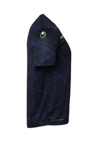 Kortærmet atletisk skjorte i mørk marineblå med blå abstrakte linjer. Fremstillet af let materiale, indeholder 'smartbreatheLITE' label.