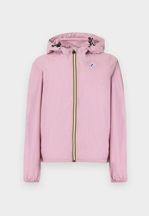 Hellrosa Kapuzenjacke mit mehrfarbig gestreiftem Reißverschluss und kleinem Logo auf der linken Brust, elastischen Bündchen und verstellbaren Kordeln an der Kapuze.