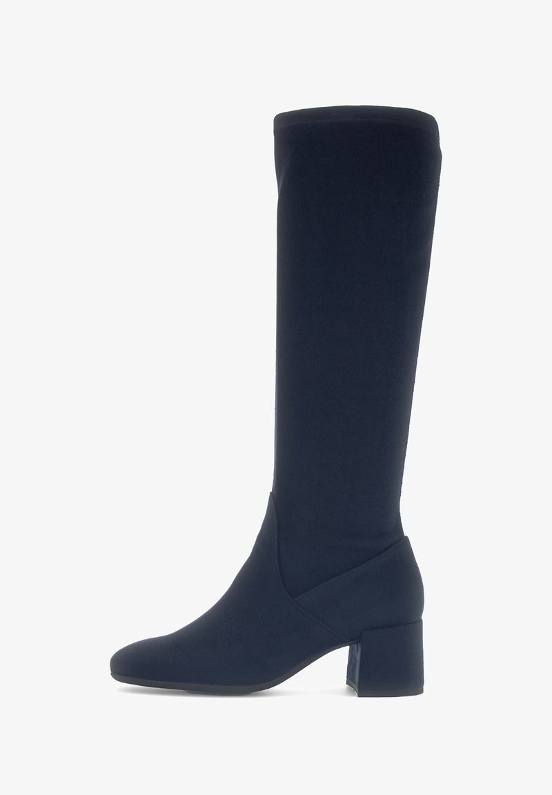 Stivale blu navy al ginocchio realizzato in tessuto liscio con punta quadrata e tacco largo, caratterizzato da una silhouette elegante e aderente e da accenti minimal.