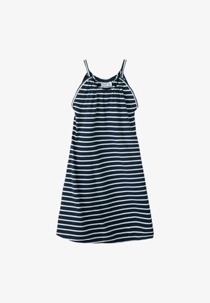 Robe sans manches bleu marine avec des rayures blanches horizontales et fines bretelles, conçue pour une utilisation décontractée.