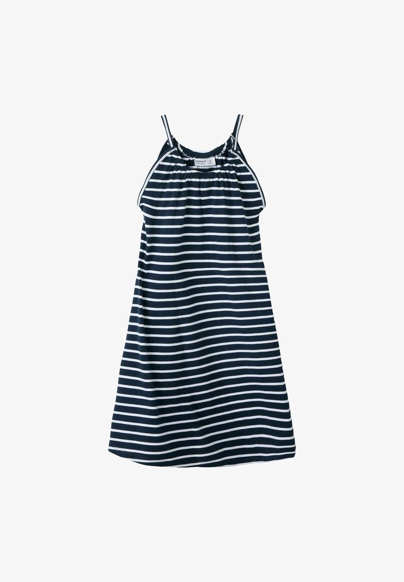 Robe sans manches bleu marine avec des rayures blanches horizontales et fines bretelles, conçue pour une utilisation décontractée.