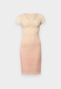 Čipkast sundress s kratkim rukavima, V-izrezom, središnjim kružnim izrezom, ombre ružičasta gradacija od kreme do svijetlo ružičaste, rub s valovitim završetkom.