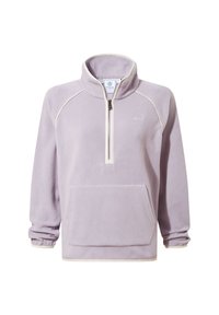 Light purple quarter-zip fleece pullover with kangaroo pocket and cream trim along zipper, neckline, cuffs, and hem.
