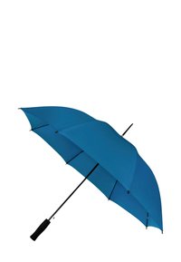Ombrello blu con una copertura arrotondata, struttura in metallo nero e manico in gomma per una presa migliore. Design leggero adatto per un facile trasporto.