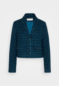 Zkrácená bunda v petrolejově modré a černém šachovnicovém vzoru, s klopovým límcem, zapínáním na pět knoflíků a dvěma předními kapsami.