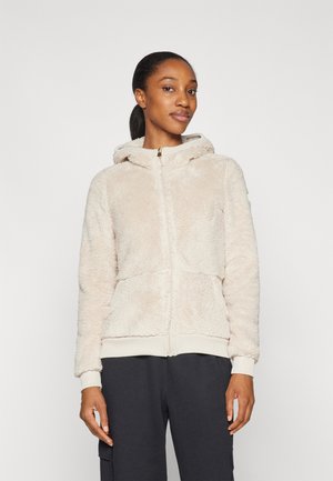 Fleece zip-up hoodie in lichtbeige met een zachte, gestructureerde oppervlakte, verstelbare capuchon en geribbelde manchetten. Beschikt over voorzakken.