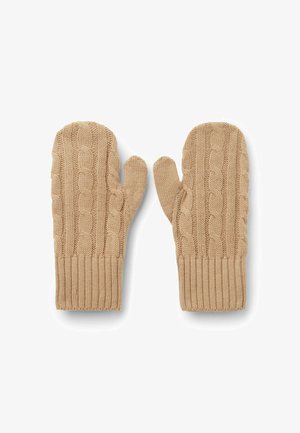 Beige gebreide wanten met een kabelpatroon, geribde manchetten en een zachte textuur. Ontworpen voor warmte en comfort tijdens koudere weersomstandigheden.